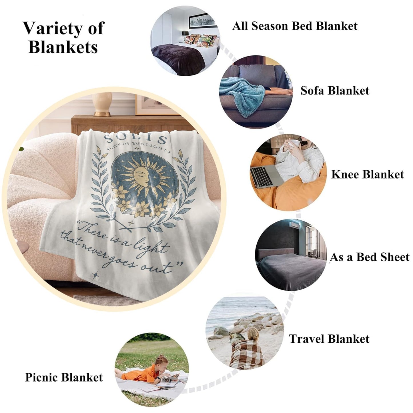 Wanoryer Sun and Moon Blanket, Comfy & Warm Flannel Flower and Leaves Design Throw Blanket for Couch, Gifts for Adults Kids Women Men, Soft Fuzzy Lightweight Travel Bed Blankets for Decor 50"×60"