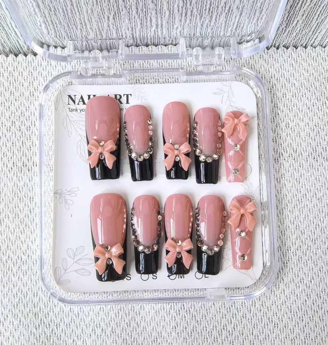 Handmade Press on Nails Long Square Fake Nails Black French Tip with 3D Bow Designs luxury Glossy Rhinestones Cute Acrylic Nails for Women 10pcs (Size M）