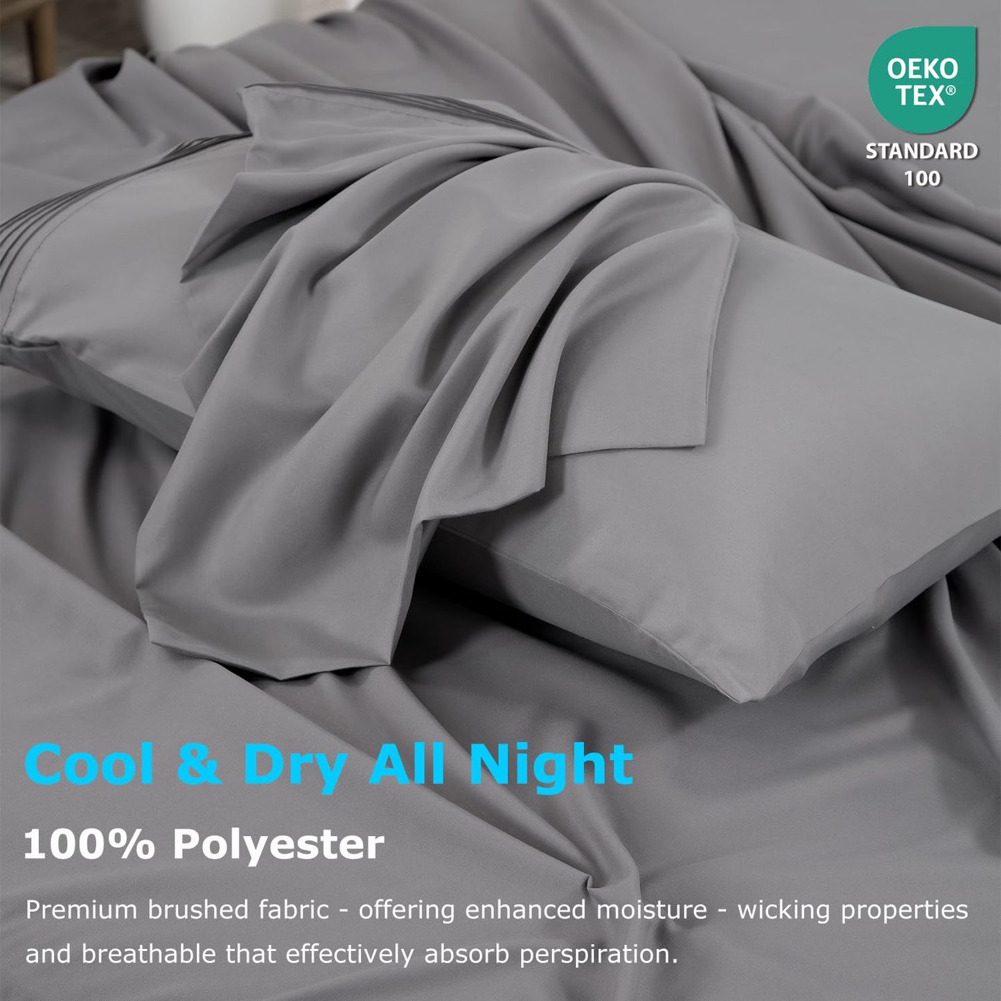 Popfavor Deep Pocket Queen Fitted Sheet with Straps - Fits Mattresses Up to 21" Thick - 3 Piece Bed Sheets - Moisture Wicking, Cooling & Soft Fitted Sheet & Pillow Cases (Grey)