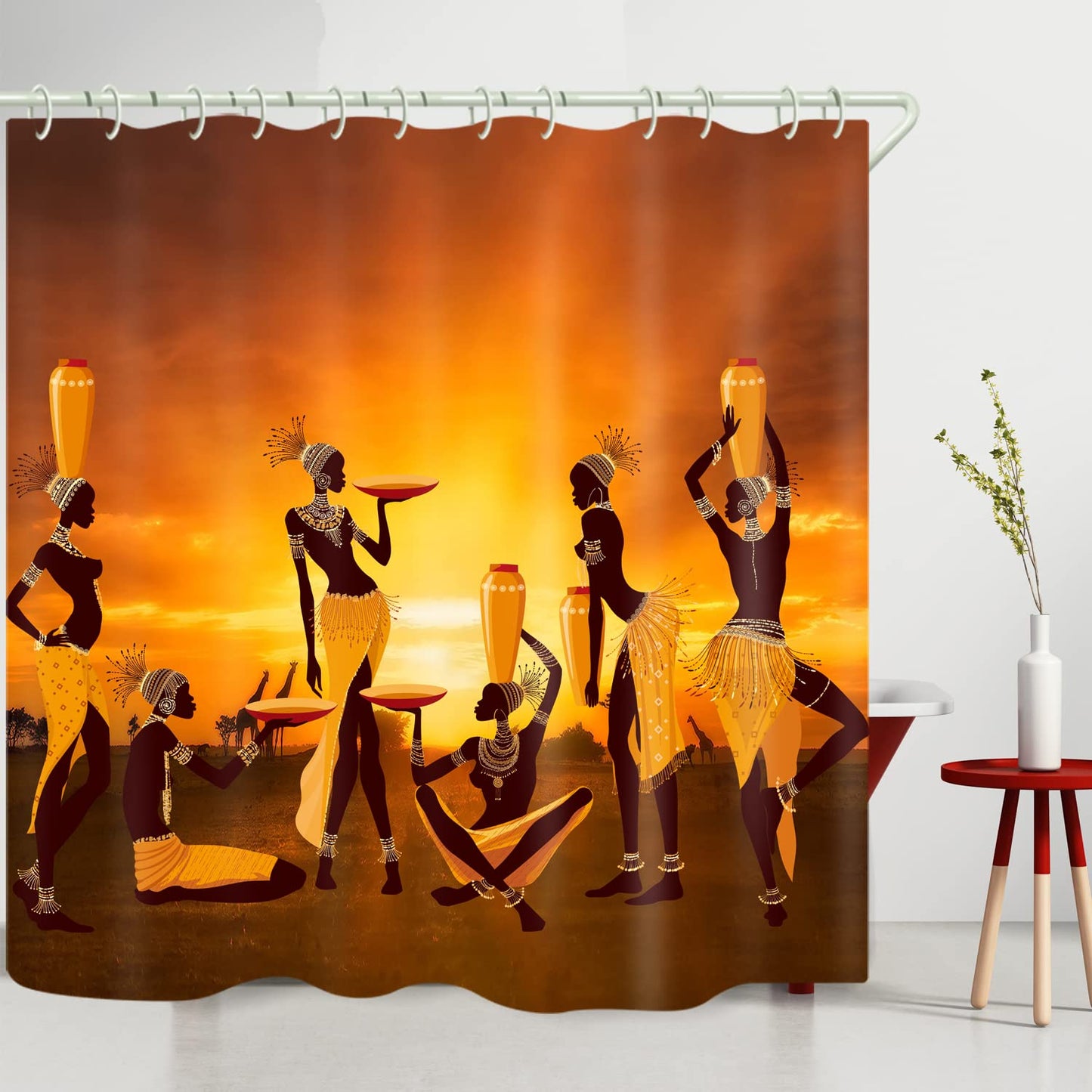 LYFANS Waterproof Shower Curtain Set Bathroom Orange African Tribal Print, Beautiful Wide Fabric Bathroom Curtain Bathtub Privacy Shower Curtains, 12 Hooks and 79 X 72 Inch Shower Curtain.