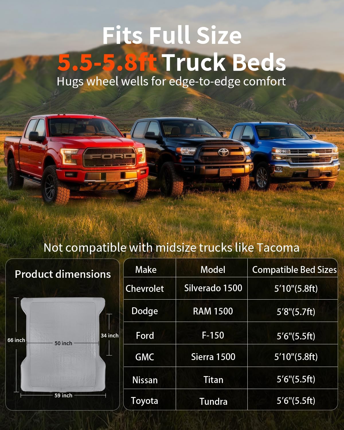 Umbrauto Upgraded Truck Bed Air Mattress for Full Size Short Beds 5.5-5.8ft, Drop-Stitch Tech with Built-in Pump, Heavy Duty Silent Inflatable Tent Bed for Outdoor Camping