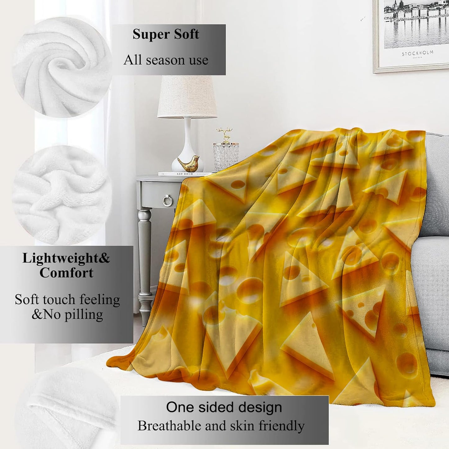 VODRM Cheese Slice Blanket Fun and Whimsical Throw Blankets,Birthday Gifts for Kids Girls Women,Lightweight Soft Fleece,Sweet Food Lovers,Sofa Couch Bed Room Modern Decor 50x60in