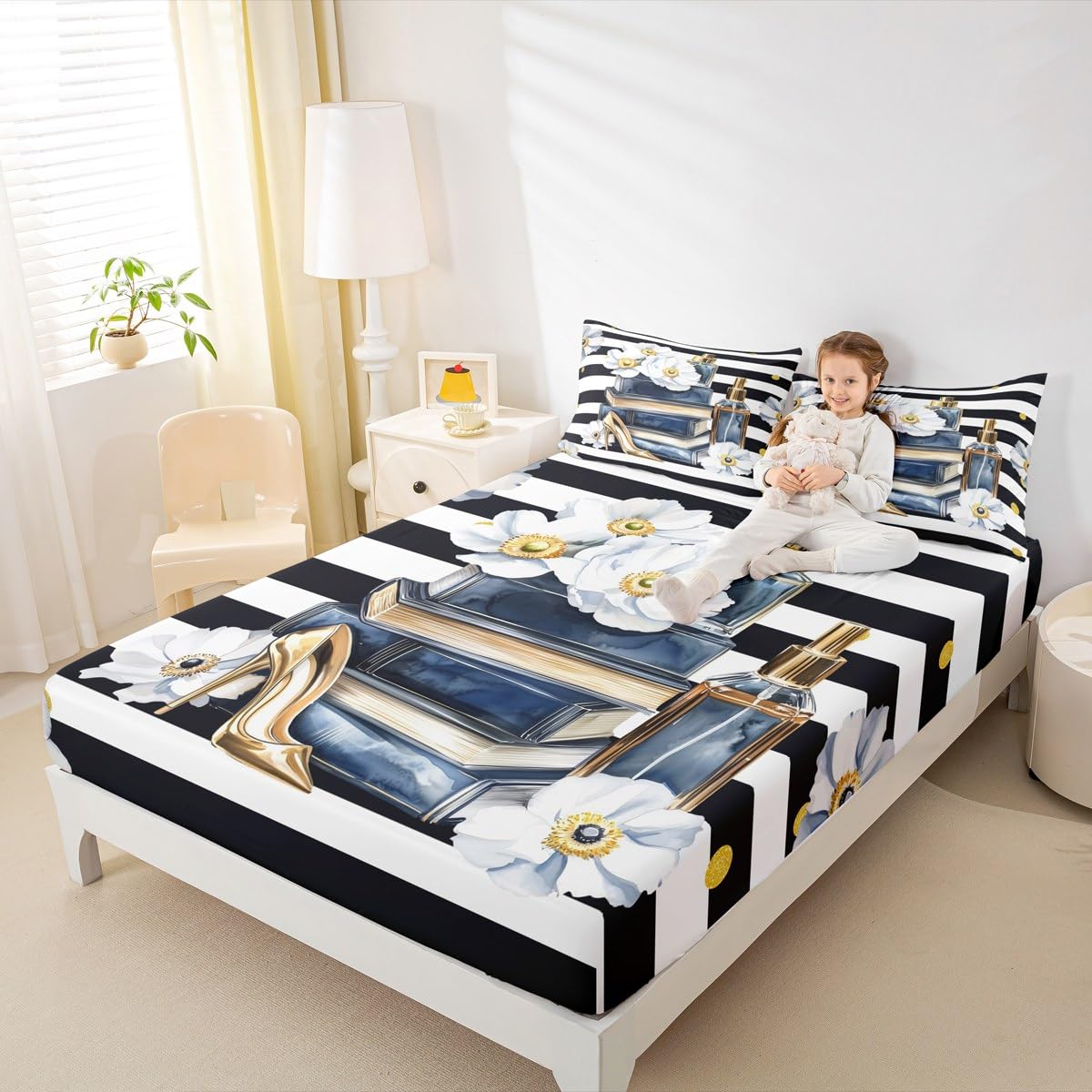 Erosebridal Modern Chic Fashion Sheet Set King Women Trendy Aesthetic Floral Bed Sheets for Girls Teens Navy Blue Watercolor Book and Perfume Sheets Boho Black and White Abstarct Striped Bedding Set