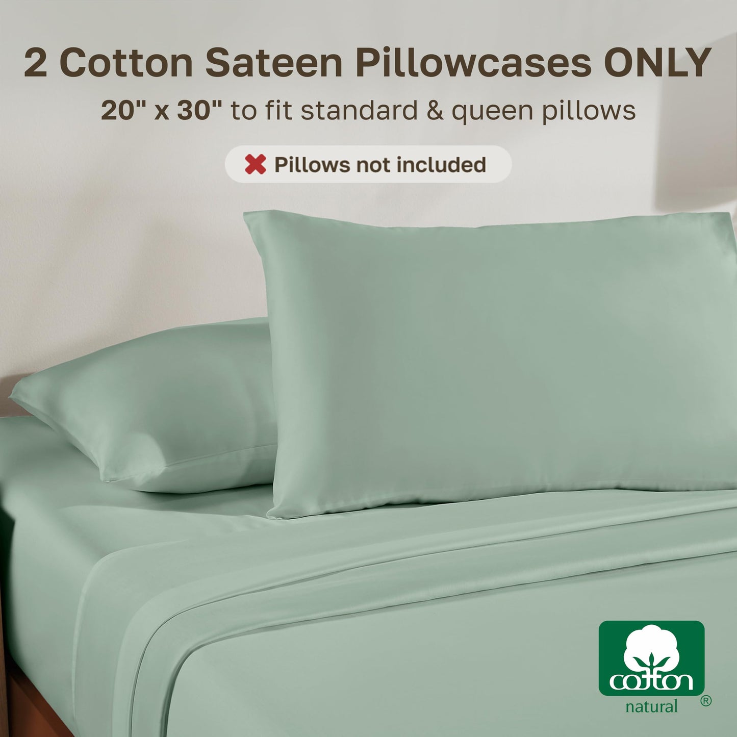California Design Den Standard/Queen Pillow Cases Set of 2 - Natural 100% Cotton Pillow Cases Standard Size with Envelope Closure, Breathable Sateen, Gentle on Skin, Soft and Durable - Frosty Green