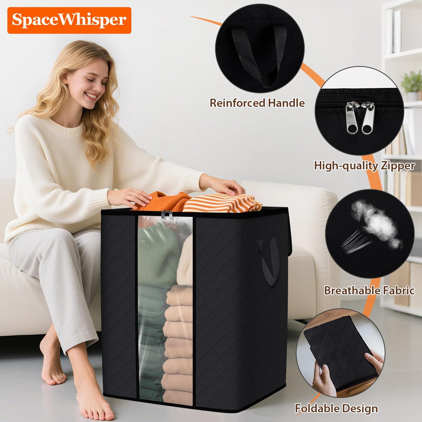 SpaceWhisper 3 Pack 100L Clothes Storage, Foldable Thick Fabric Blanket Storage Bags, Containers for Organizing Bedroom, Closet, Clothing, Comforter,Closet Organization with Handle,Black