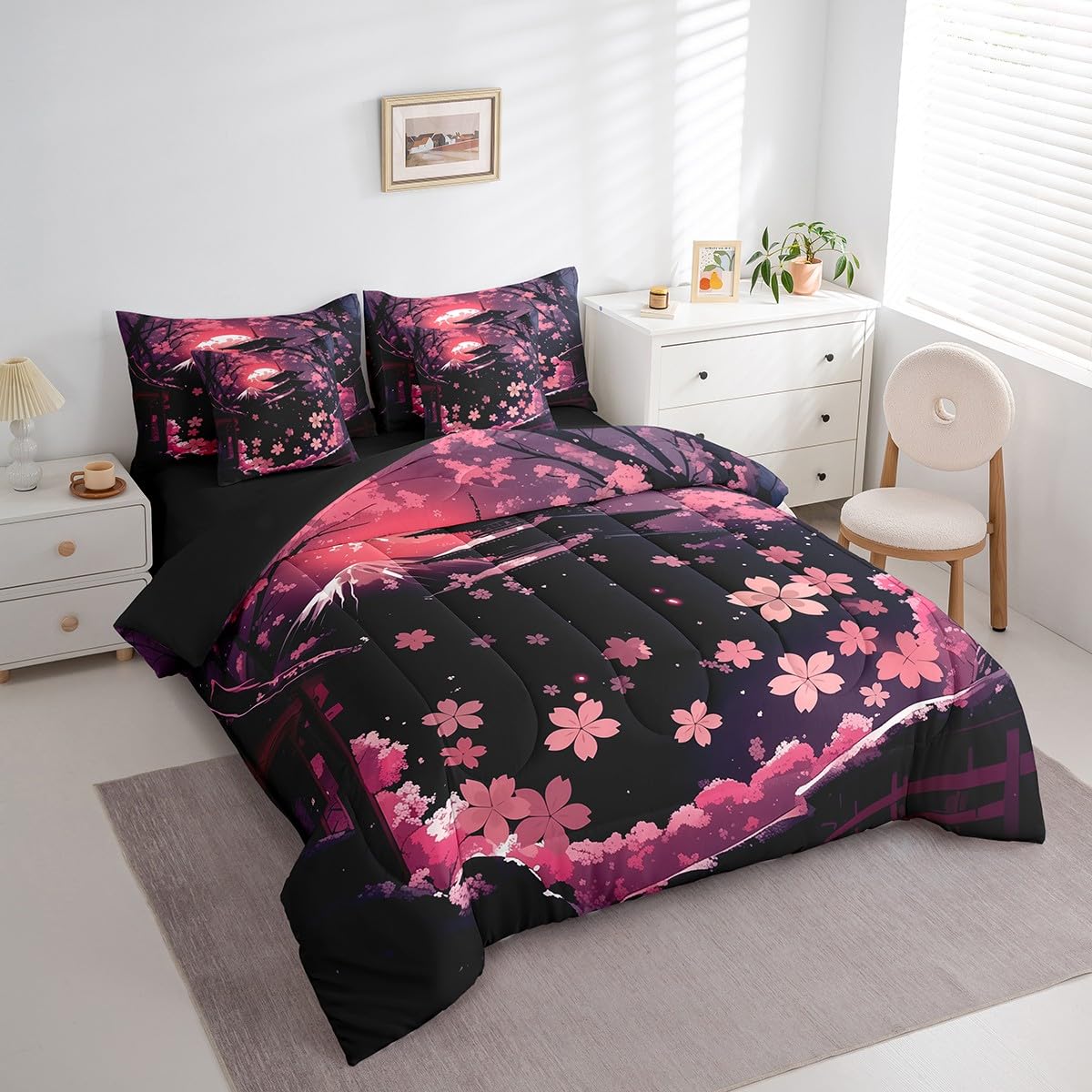 Erosebridal Pink Cherry Blossom Queen Comforter Set,Japanese Style Floral Bed Set 7 Piece for Kids Girls Women,Oriental Aesthetic Bedding Set Mountain Scene Bed in a Bag with Fitted Sheet,Flat Sheet