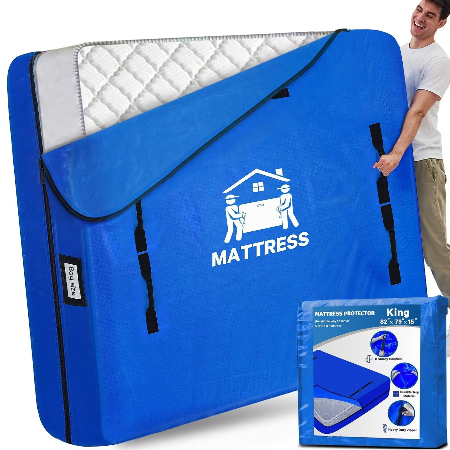 Mattress Bags for Moving, BETU Mattress Protector Waterproof Mattress Cover King Size Storage Bags with 8 Heavy-Duty Handles and Zipper for Bed Extra Thick Large Reusable (82"x79"x15" Blue)