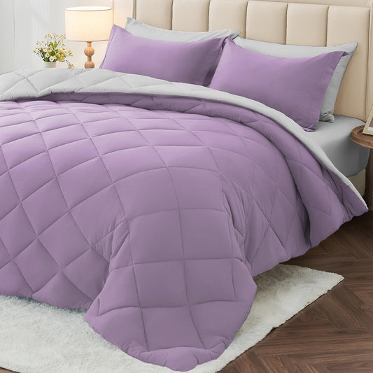 MUXHOMO 7 Pieces California King Comforter Set, Reversible Bed in a Bag Cal King Size, All Season Bedding Set with Comforter, Flat Sheet, Fitted Sheet, Pillowcases & Shams, Greyish Purple & Light Grey