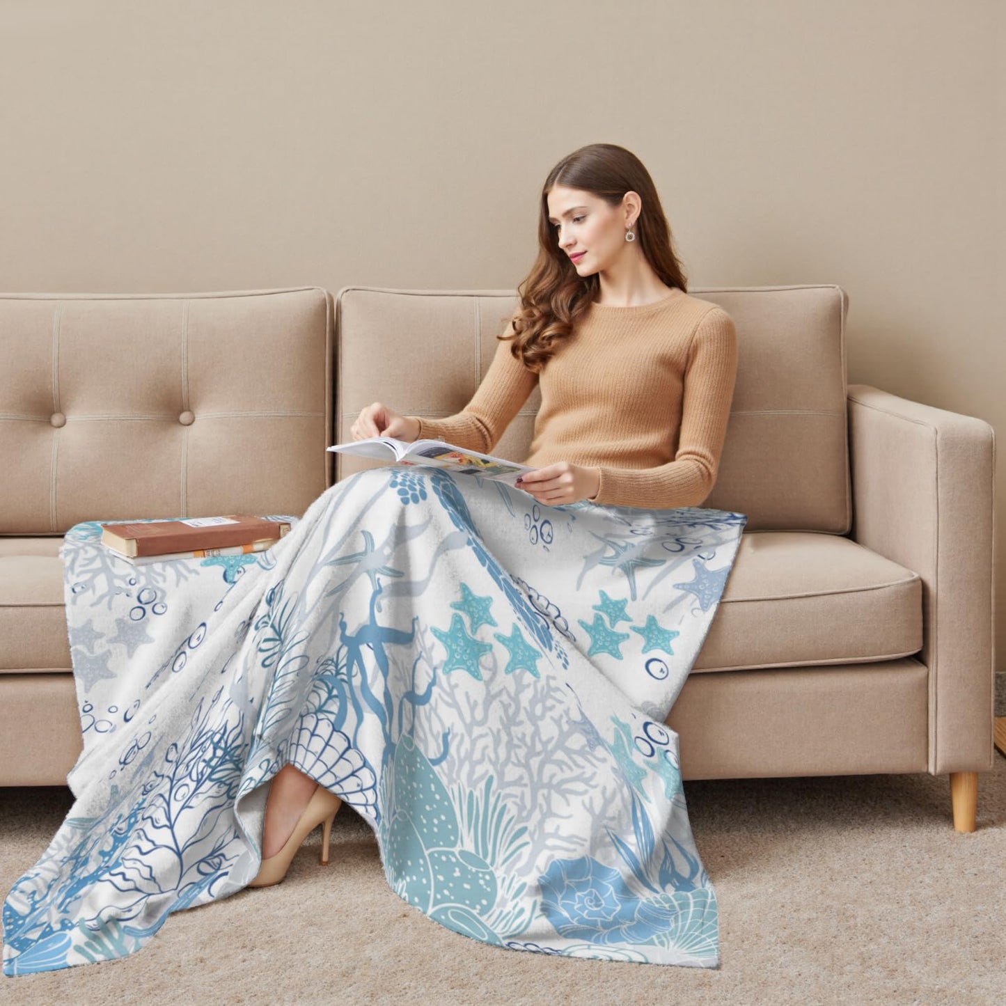 Ghirondola Sea Turtle Blanket Beach Themed Throw Gifts for Adults, Blue Starfish Coral Throw Blanket for Bed Sofa Couch,Ocean Decor Home Bedroom Blankets 50 x 60 Inch