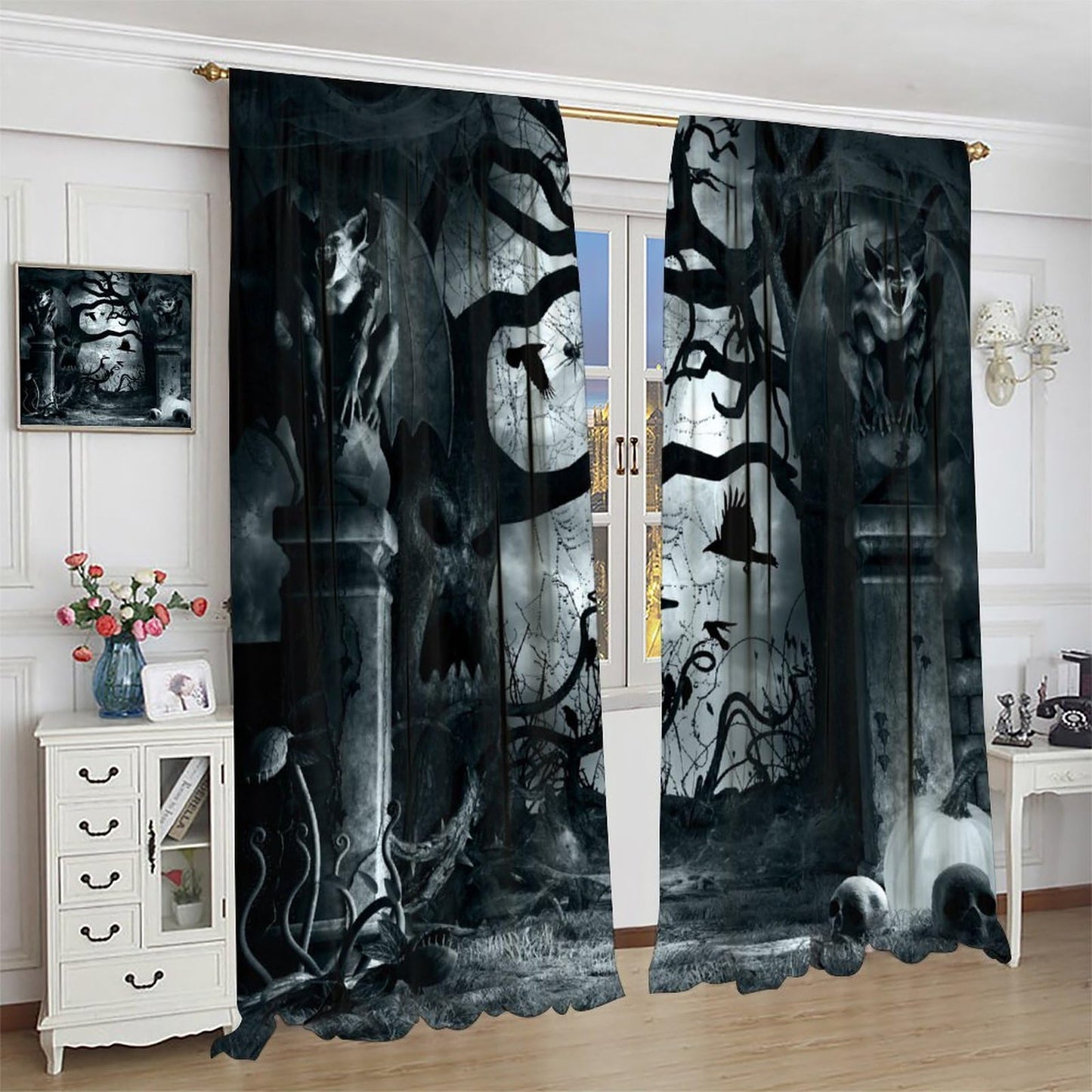 Gothic Curtains,Terror Themed Demon Skeleton Crow Dark Forest Window Treatments for Bedroom Living Room Kitchen Horror Halloween Window Drapes 2 Panel Set,Total Size 42 x 45 Inch