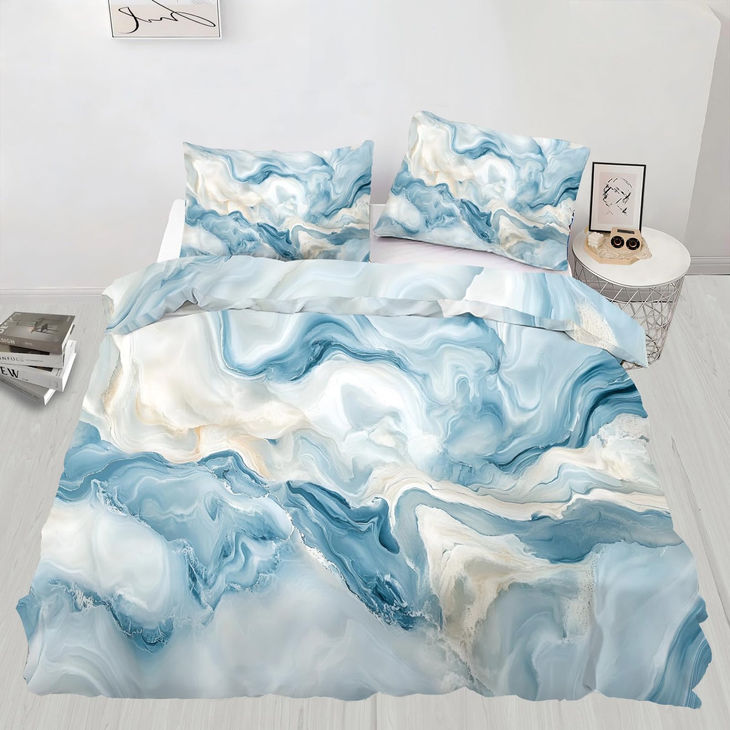 PAISUOQ Marble Bedding Sets Full Blue Marble Comforter Cover with Zipper Ties, Fluid Texture Duvet Cover with 2 Pillowcases, 3 Pieces，Bedroom Decor & Gifts