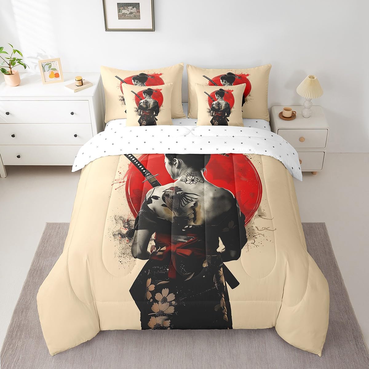 Feelyou Kids Japanese Geishas Comforter Set Twin Size 7 Pieces Red Sunset Bedding Set Japanese Style Japanese Tradition Aesthetic Bed in a Bag with Comforter, Sheets, Pillowcases & Cushion Cover