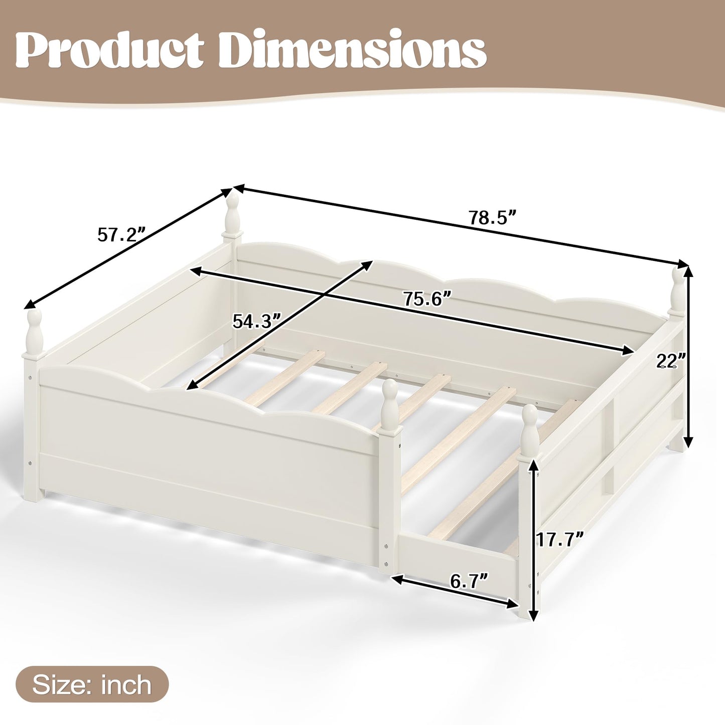 KEIKI Full Size Wood Montessori Floor Bed Frame with Beside Book Shelf, for Girls and Boys, Floor Bed with Full-Length Guardrails & Slats, Easy Assembly, No Box Spring Required, for Bedroom, Beige