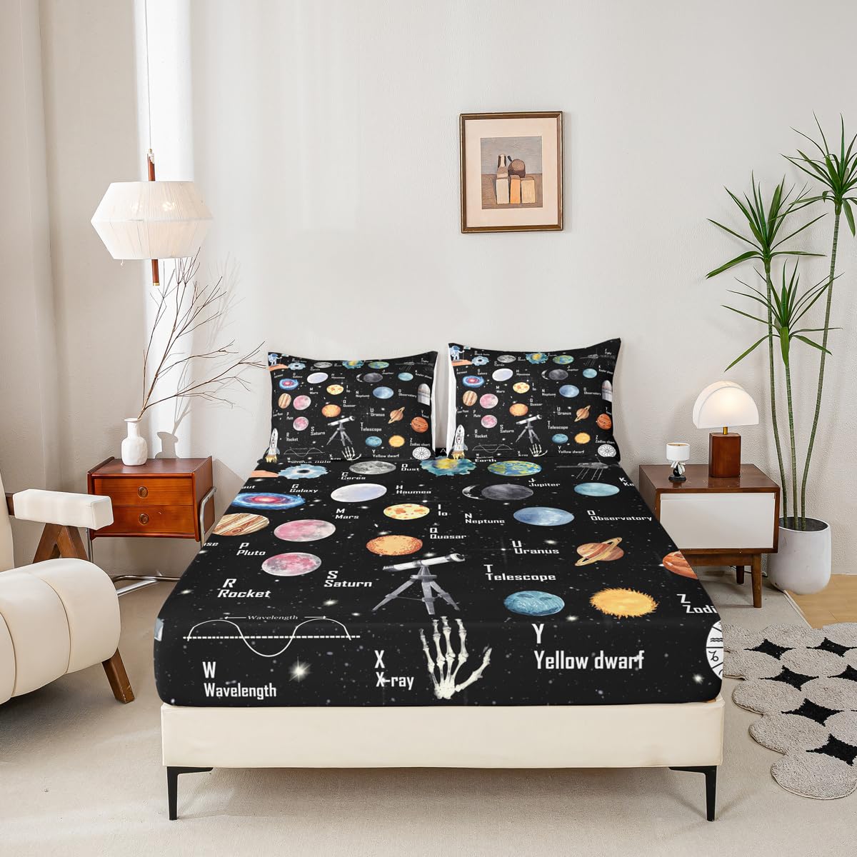 Solar System Bedding Set Twin Size for Boys Girls, ABC Alphabet Bed Sheet Set Solar System Alphabet Fitted Sheet Educational Bed Cover with 1 Pillow Case (No Flat Sheet)
