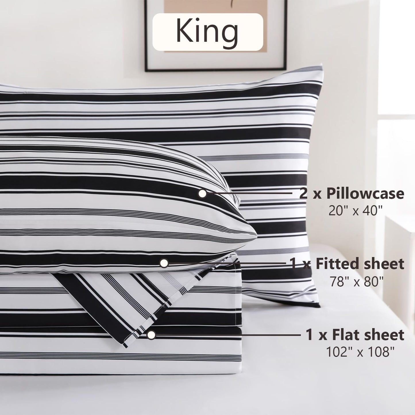 MCO 4Pieces Striped Sheets Set, Breathable King Sheet Set with 16" Deep Pocket,Modern & Luxury, Brushed Microfiber Bedding Set(King, Black)