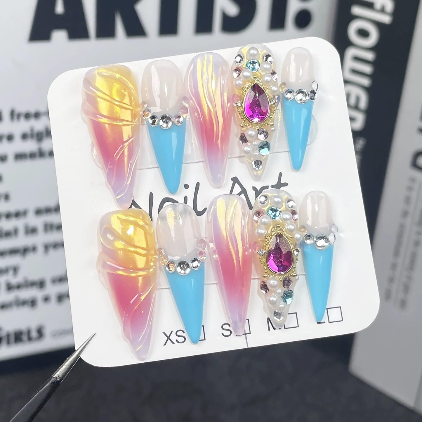 Luxury Handmade Press On Nails Long Stiletto Fake Nails Ombre False Nails with 3D Rhinestones Designs Y2k French Tip Long Almond Acrylic Nails Press Ons for Women 10Pcs (Size M)