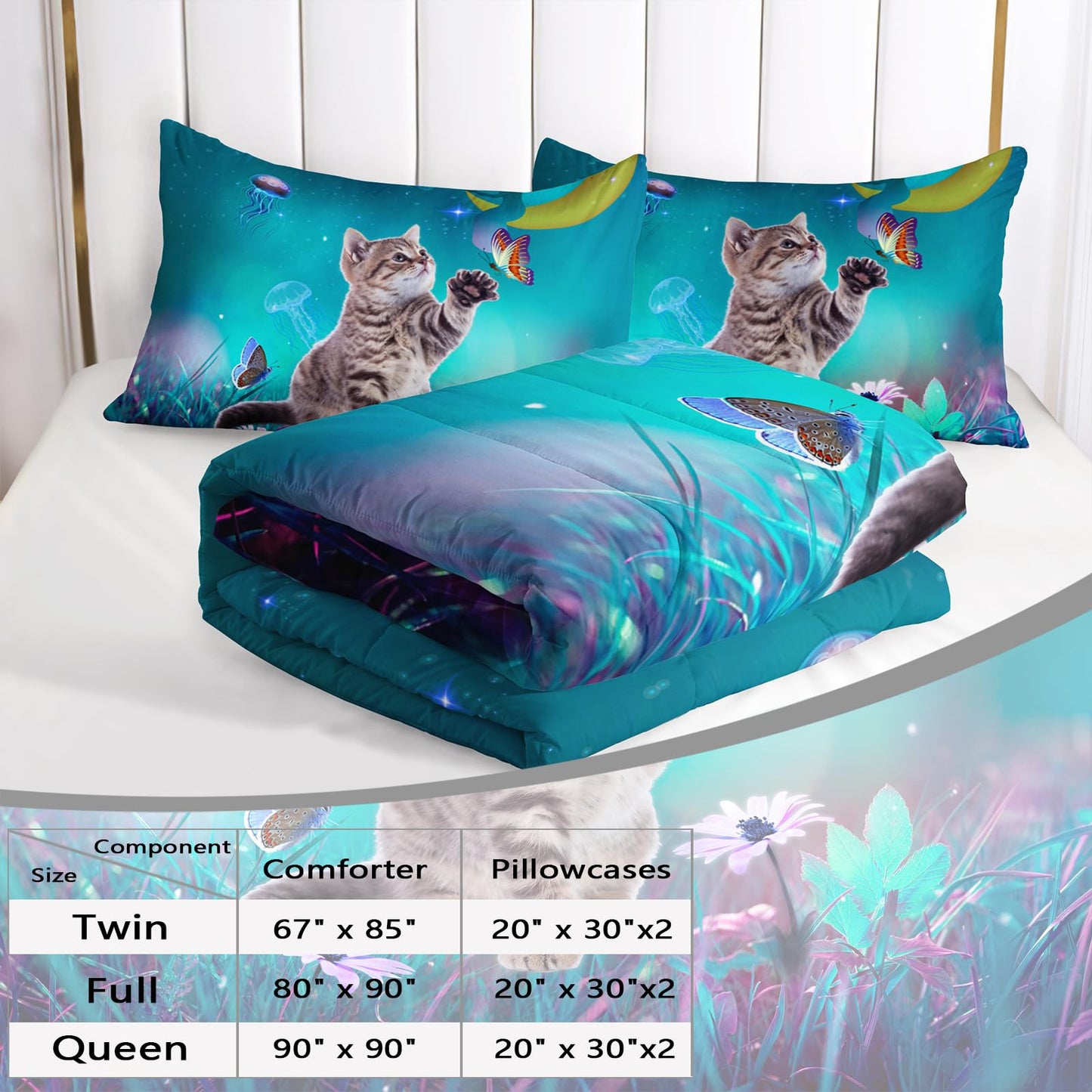 AILONEN Cat Bedding Set Twin Size with Girl Sitting on The Moon and Jellyfish Comforter Set for Kids Boys Girls,Dreamy Starry Soft Breathable Duvet Set 3 Pieces, 1 Quilt and 2 Pillowcases