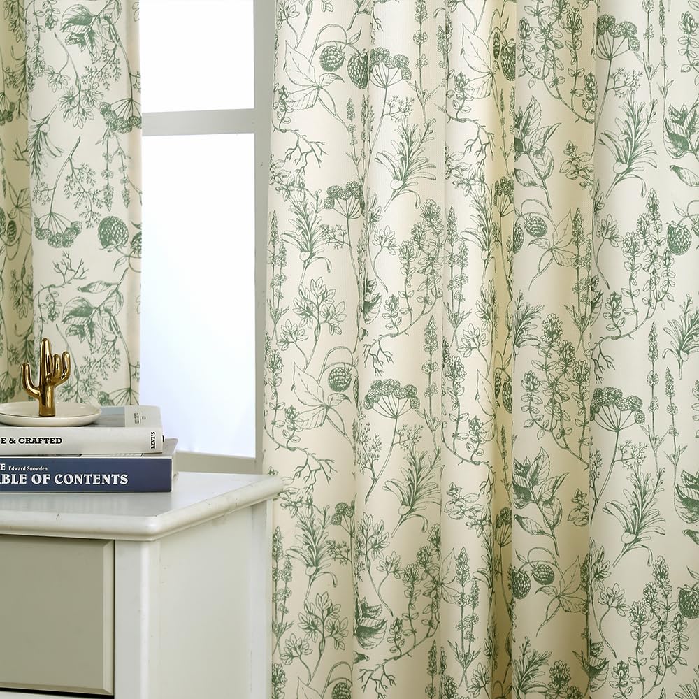 Autum Dream Blackout Curtains 2 Panels Chenille Curtains Drapes for Bedroom Back Tab Rod Pocket Poppy Floral Farmhouse Curtains for Living Room, Patio Doors,Green Floral, 52" W x 63" L