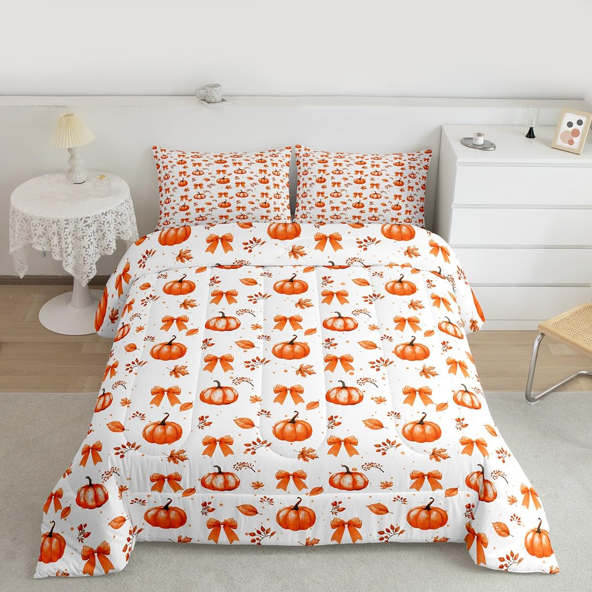 Erosebridal Thanksgiving Pumpkin Comforter Set Fall Decorations Bow Full Size Bedding Sets | Autumn Harvest Theme Comforter Maple Leaf Fall Leaves Bowknot Bed Set
