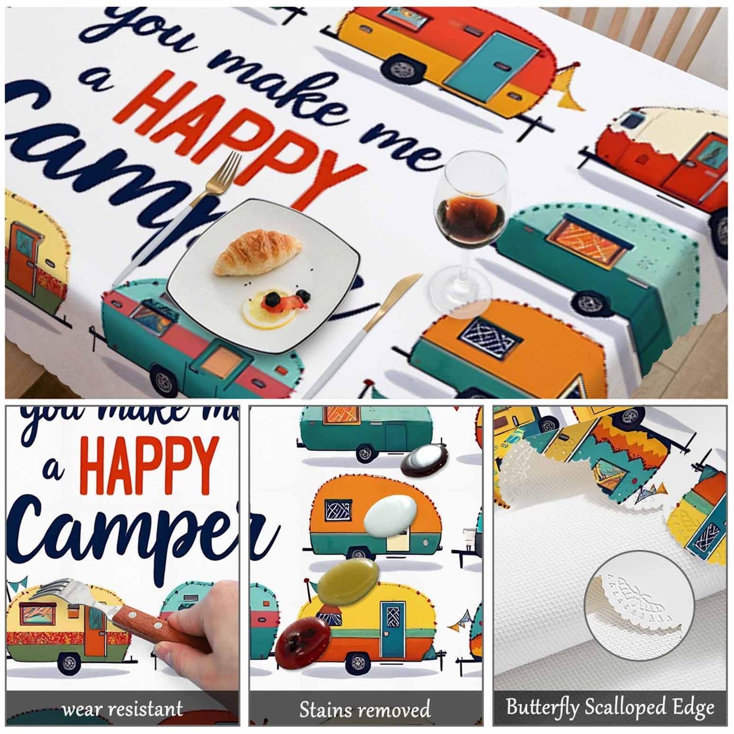 Swono Cars Cute Rectangular Tablecloth Cartoon Cars You Make Me A Happy Camper Quote Heavy Duty Table Cloth Kitchen Dining Room Table Cover for Party Dinner 50x72 Inch Tablecloths