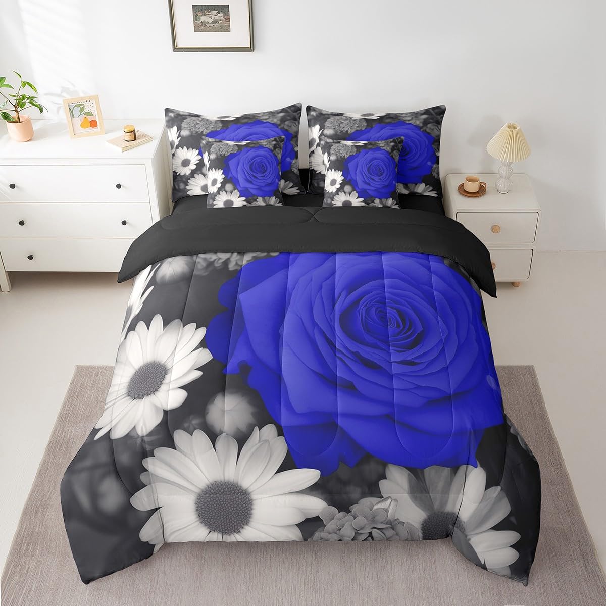 Erosebridal Rose 7 Pcs Comforter Set Full,Blue Grey Black Floral Bed in a Bag with Flat Sheet and Fitted Sheet for Men Women Couple,Romantic Flower Farmhouse Bedding Set with Pillowcase & Sham