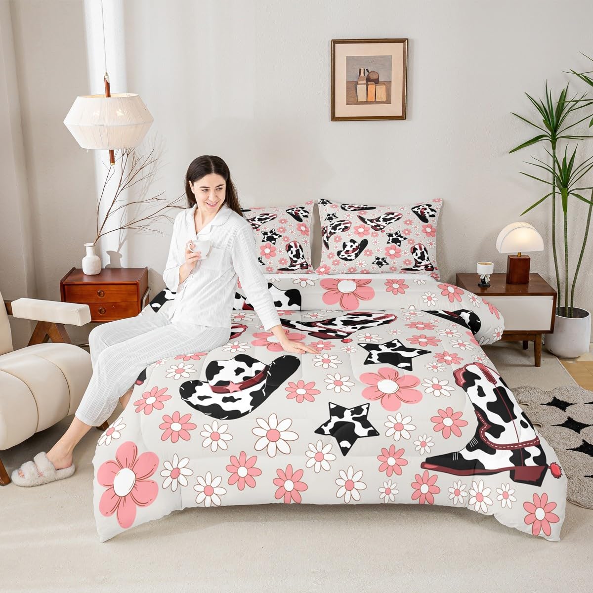 Feelyou Western Bedding Set Soft for Boys Girls, Cowgirl Floral Comforter Set Full Size Western Cowboy Boots Duvet Quilt Wild West Cactus Flower Bedroom Decor Gray Pink 3 Pcs with 2 Pillow Cases