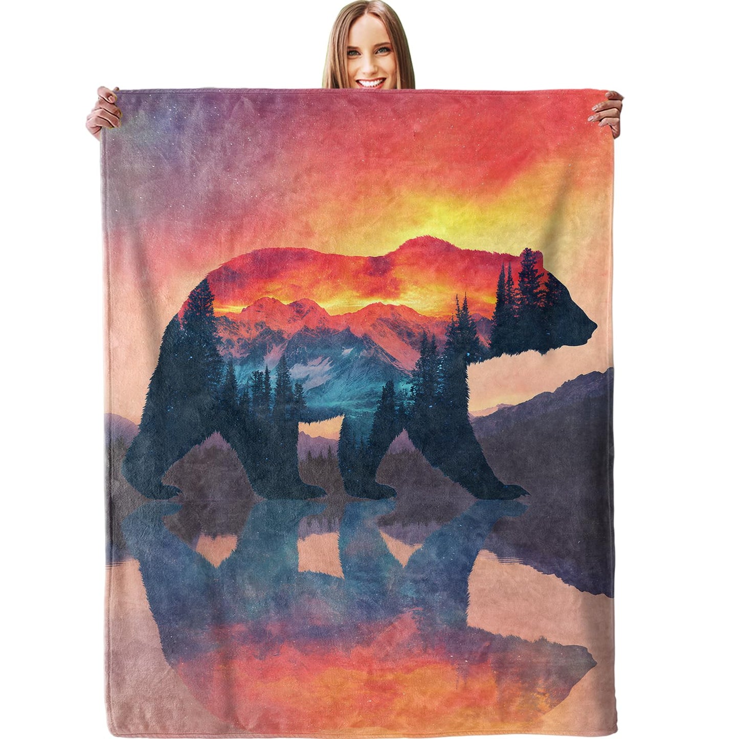 Majestic Mountain Bear Blanket, Plush Soft Lightweight Warm Cozy Flannel 60×50 inch Throw Blanket with Wildlife Nature Scene for Couch, Travel, Bed, Outdoor, Gifts for Men Women Adults