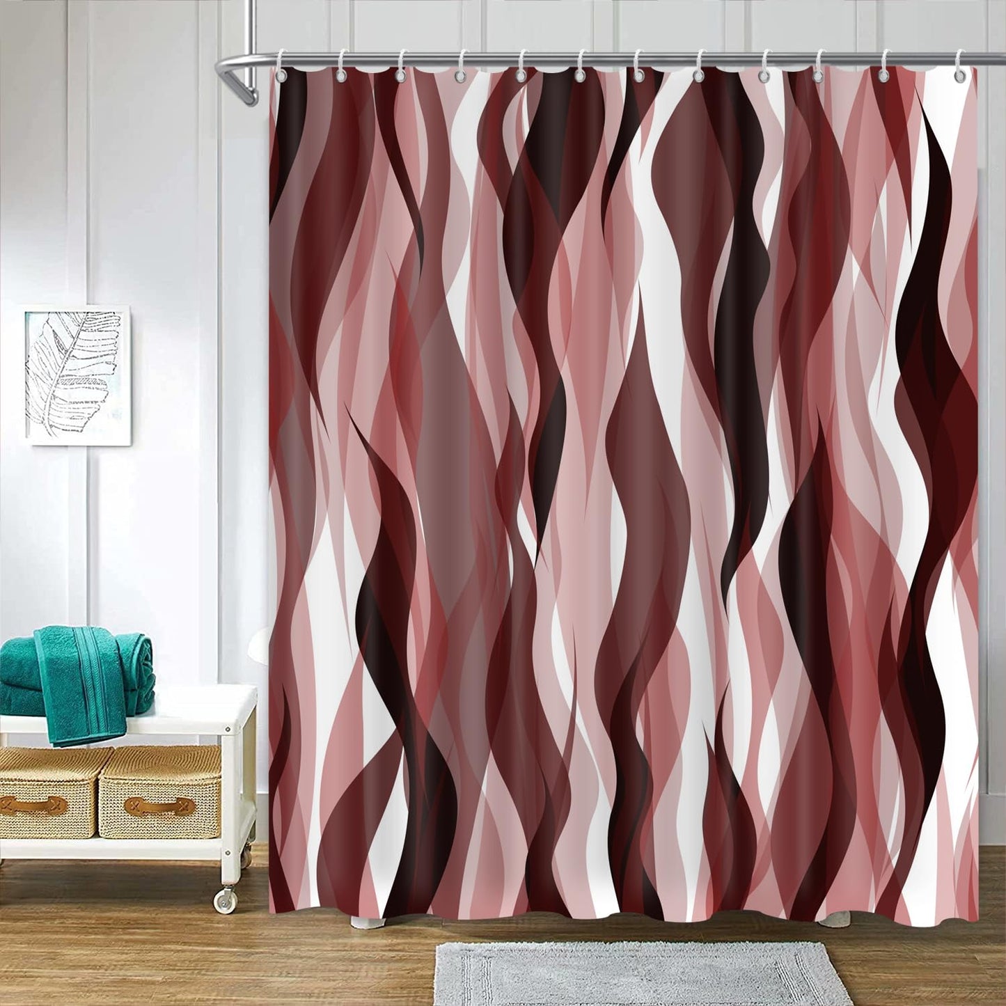 ChloropLastid Red Wavy Line Shower Curtain Red Black White Modern Geometric Abstract Striped Aesthetic Boho Bath Curtains Waterproof Fabric Bathroom Decoration with Hooks 72x72 inch
