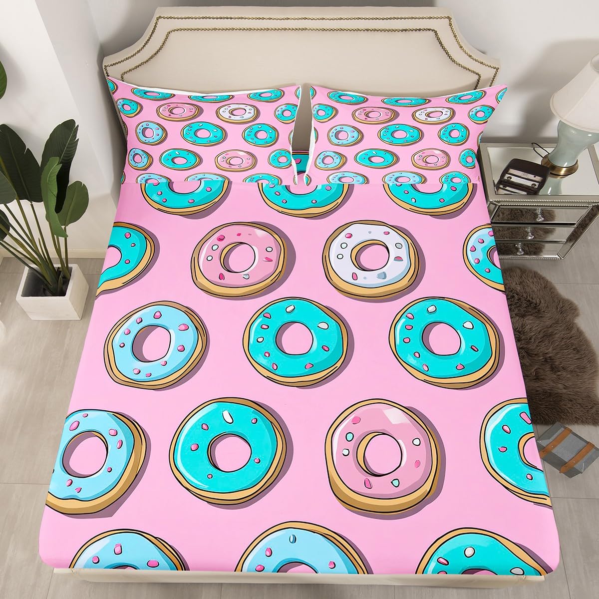 Feelyou Pink Donuts Bed Sheets Set Girls French Macarons Bedding Queen Size Includes 1 Fitted Sheets & 2 Pillowcases (No Flat Sheet)