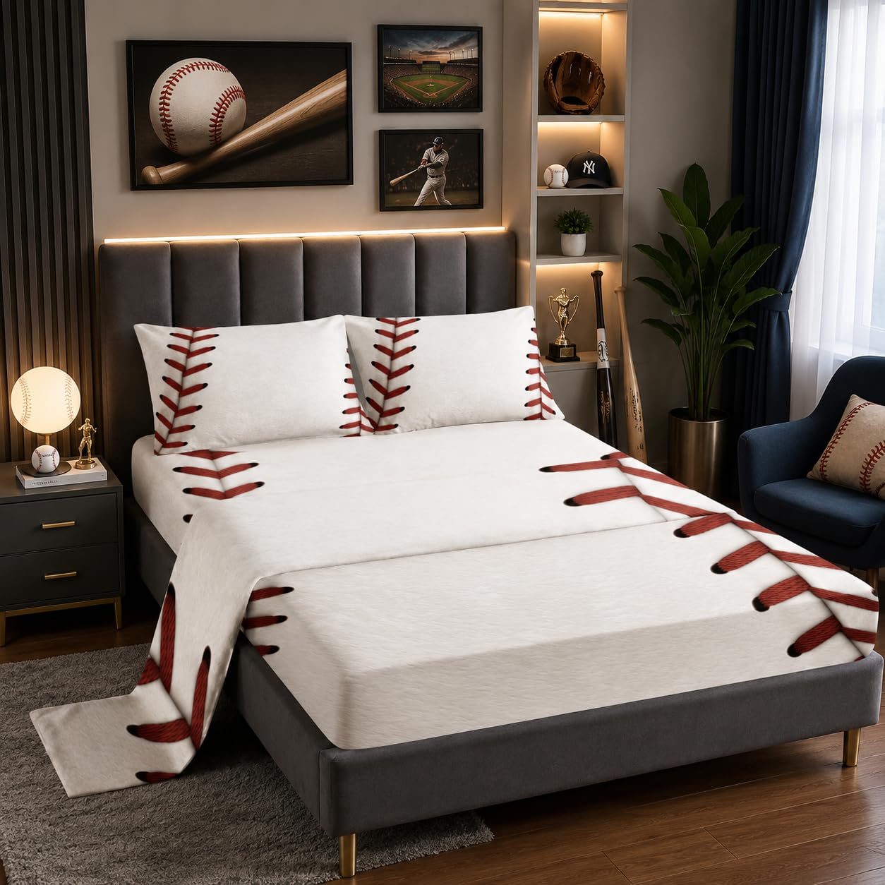 Nttopship Baseball 4 Pieces Bed Sheet Sets Full Size Baseball Bedding Sets with 16" Deep Pockets Sports Bedroom Decor,Bedding Set 4 PCS(1 Fitted+1 Flat+2 Pillowcases)