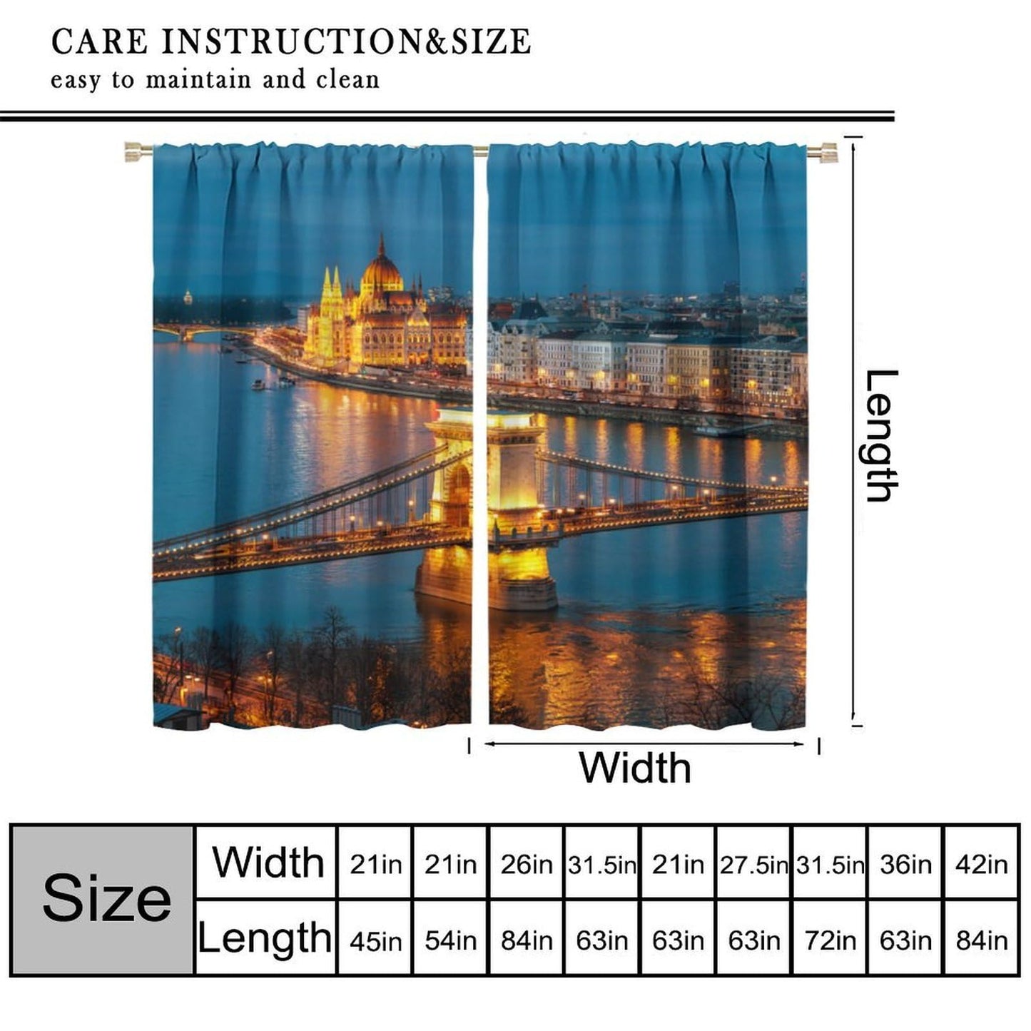 City Skyline Curtains, Blue Gold Bridge River Night View Print, Rod Pocket Light Filtering Window Drapes for Living Room Bedroom, 20.5" W x 44.5" L, 2 Panels （No Blackout）