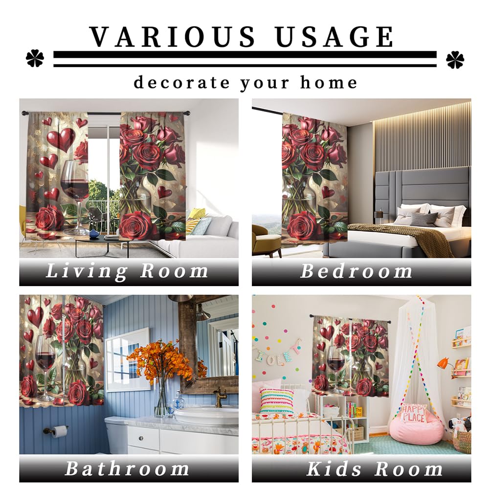 KuracleGH Valentines Day Red Wine Curtains for Bedroom,Aesthetics Floral Red Rose Room Darkening Blackout Window Treatment,Romantic French Wine Glass Rod-Pocket Privacy Curtains,2pcs,Each 21“W x 45”L