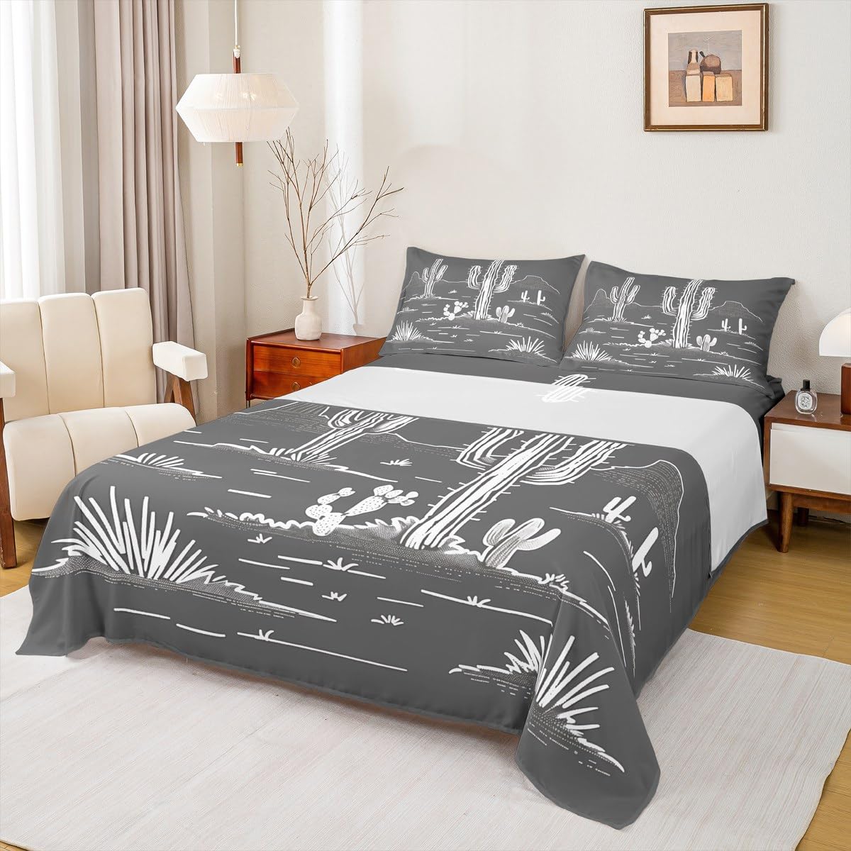 jejeloiu Western Bed Sheets Set Queen Size Desert Cactus Bed Set Gray Deep Pocket Fitted Sheet Vintage Southwest Breathable Soft Lightweight Microfiber