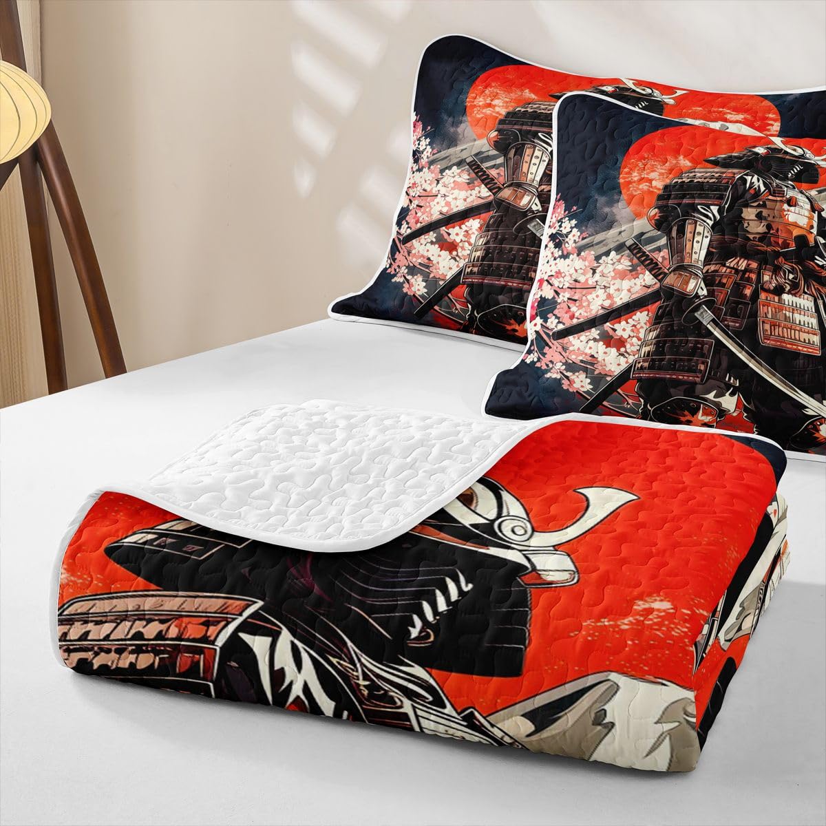 Erosebridal Japanese Samurai Quilt Twin Size - Red Sun Bedspread Sakura Flower Cherry Blossom Bed Coverlet with 1 Pillowcase