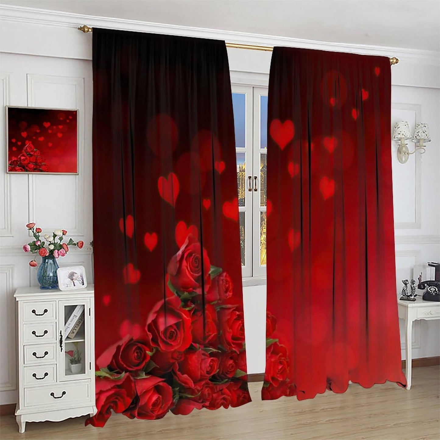 GoDazzling Red Rose Flowers Valentine’s Day Curtains, Romantic Love Pattern Curtains, for Bedroom Living Room Valentine Day Window Drapes 41" W X 45" L (No Blackout)