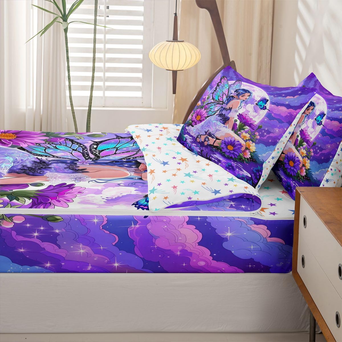 Erosebridal Floral Girly Zip Up Bedding Comforter Sets Twin Size, Butterfly Anime Girl Comforter in One Zipper - Romance Flowers Bedding Set with Pillowcases