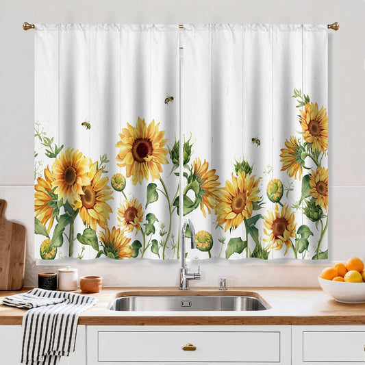 Cizuug Sunflower Farmhouse Kitchen Curtains Yellow Floral Flower Country Rustic Small Short Cafe Window Curtains Country Plant Rod Pocket Bathroom Window Drapes Treatment Curtains 2 Panels