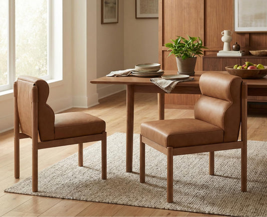 CIMOTA Modern Upholstered Dining Chairs Set of 2, Faux Leather Kitchen & Dining Room Chairs Boucle Armless Side Chairs with Curved Backrest/Solid Wood Legs, PU Brown