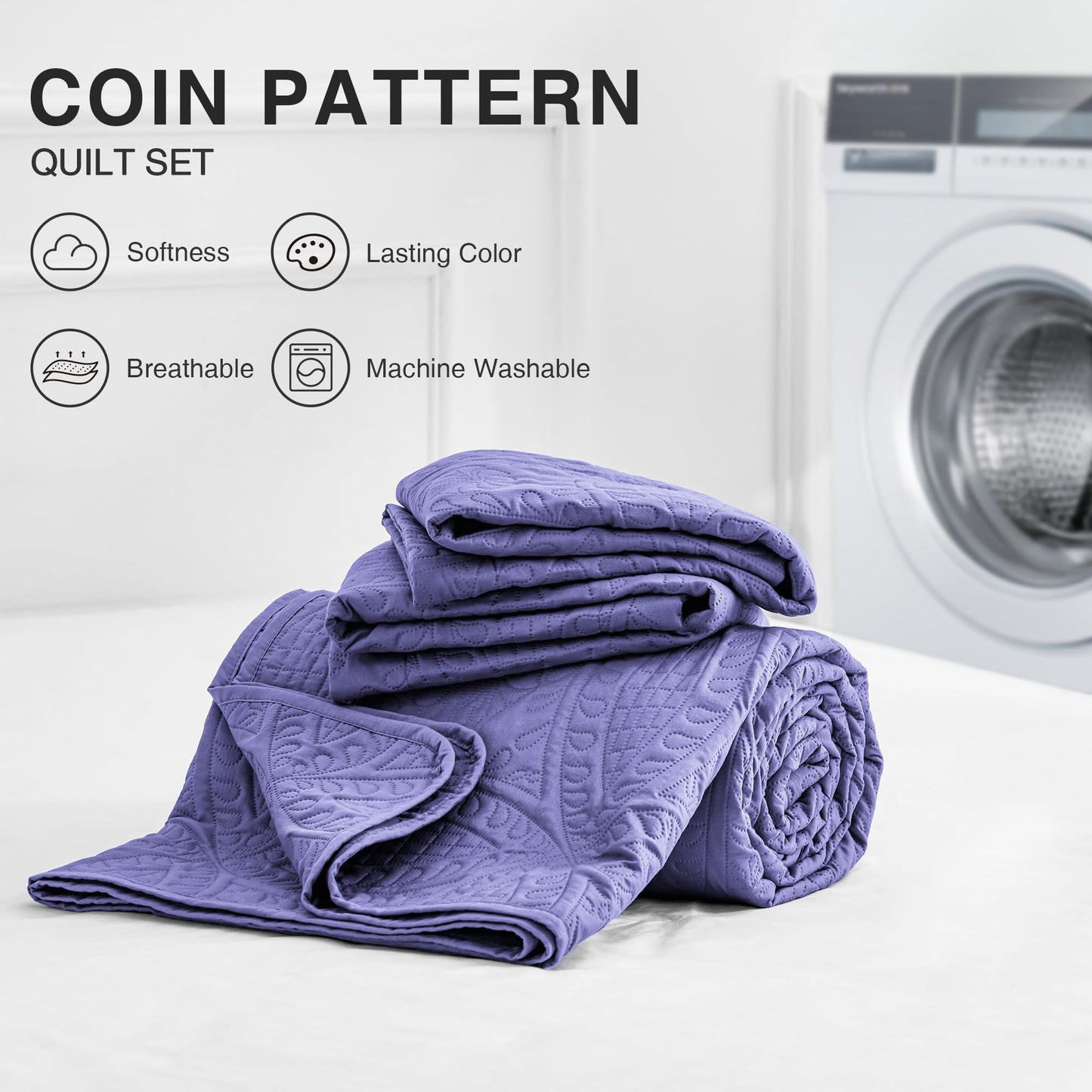 Love's cabin California King Size Quilt Bedding Set Deep Purple Bedspreads - Cal King Summer Lightweight Bedspread Comforter - Coin Pattern Coverlet for All Season - 3 Pieces (1 Quilt, 2 Pillow Shams)