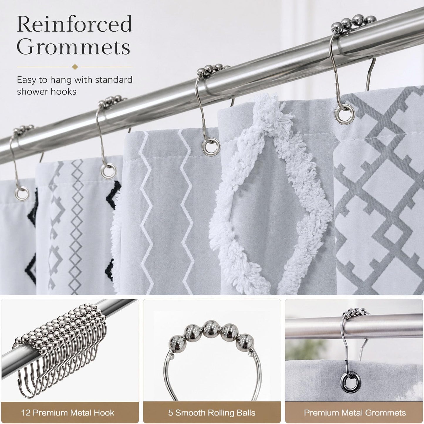 Accnicc Boho Fabric Shower Curtain with Metal Hooks, 3D Tufted Striped Modern Farmhouse Grey White Cloth Shower Curtains for Bathroom, Minimalist Geometric Textured Bath Curtain Decor 72 x 72 Inch