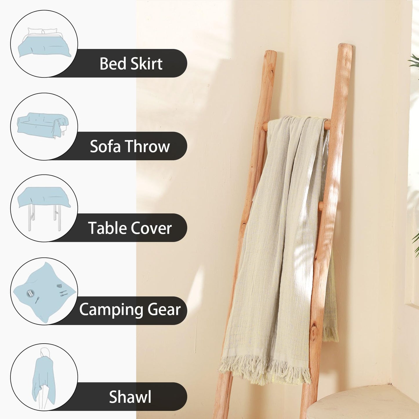 Yoenillo Cotton Muslin Throw Blanket with Tassels, Lightweight Woven Gauze, Pre-Washed Breathable Farmhouse Decor for Bed, Couch, All-Season Use (Beige, 50" x 60")