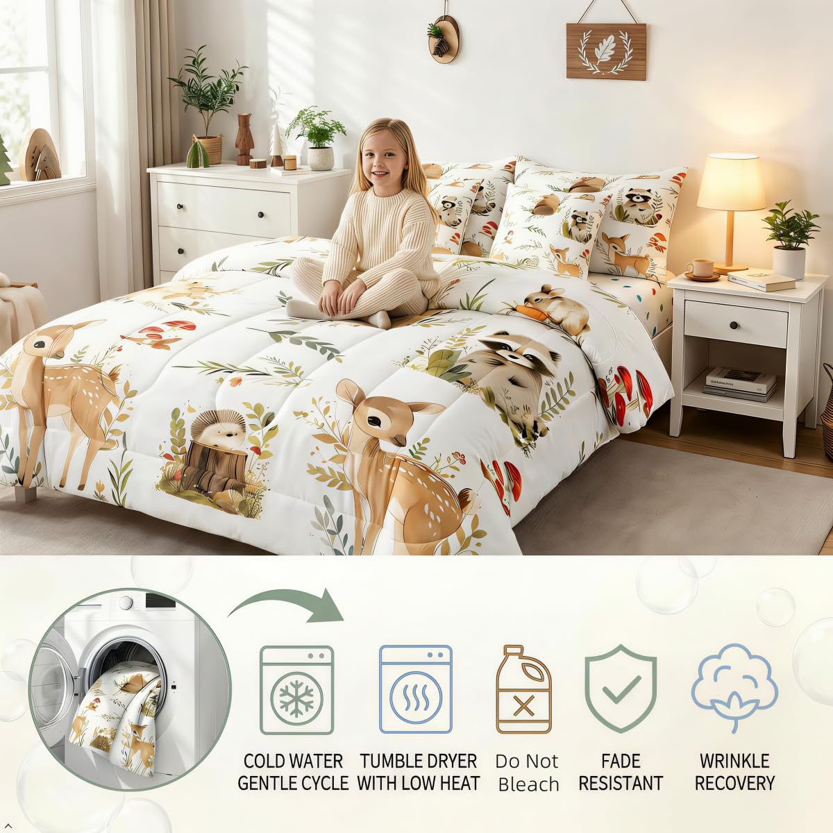 Erosebridal 7 Pcs Woodland Animals Kids Bedding Set Twin Cute Forest Raccoon Bear Deer Comforter Set with Sheets for Boys Girls Teens Jungle Safari Animals Bed in A Bag Botanical Mushroom Bed Sets