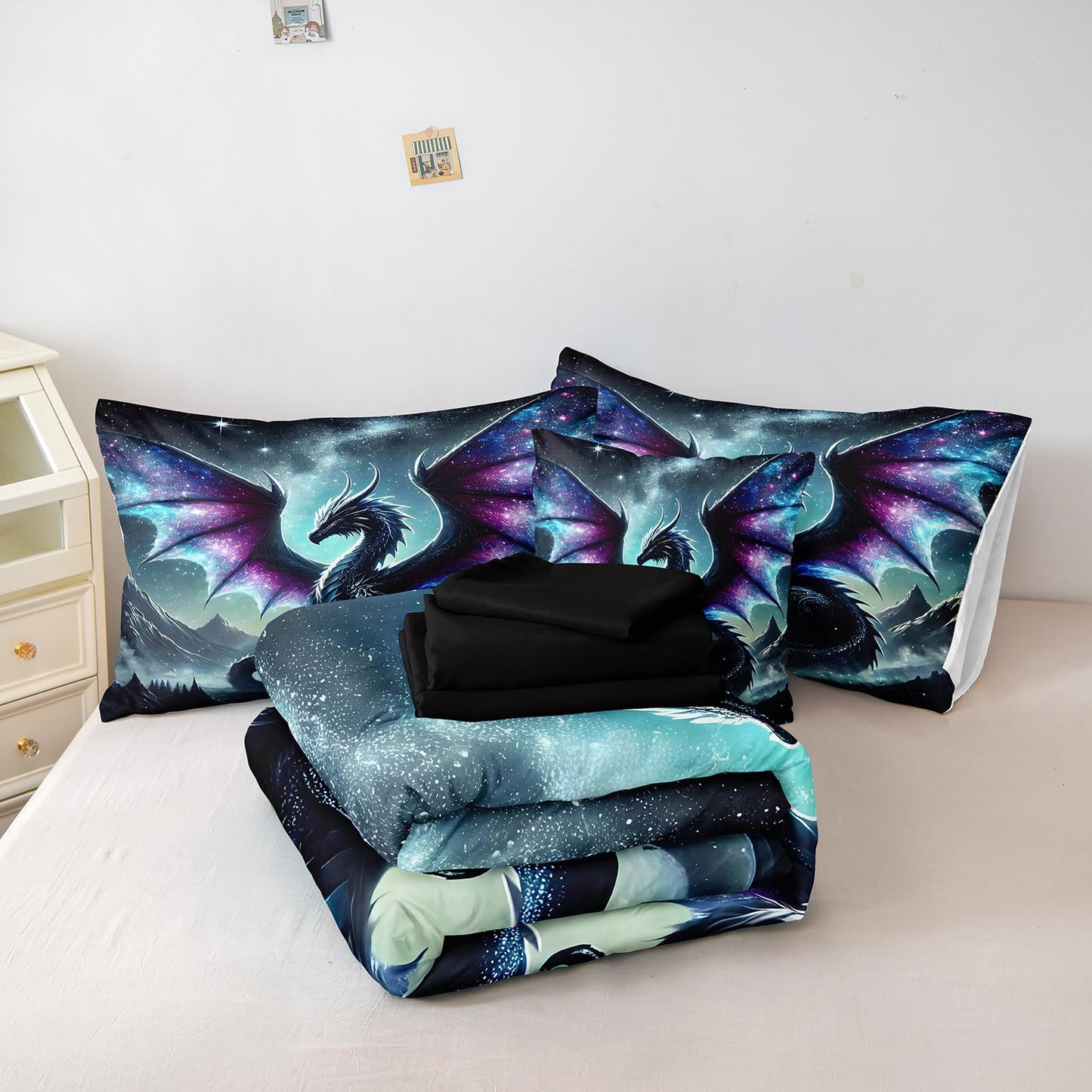 Bedbay Dragon Comforter Set Galaxy Fantasy Bedding Quilt Set Soft King Comforter Bed Set with Sheets Boys Teen Mythical Beast Dragon Digital Print 8 Pieces Bed in a Bag Set with Cushion Cover