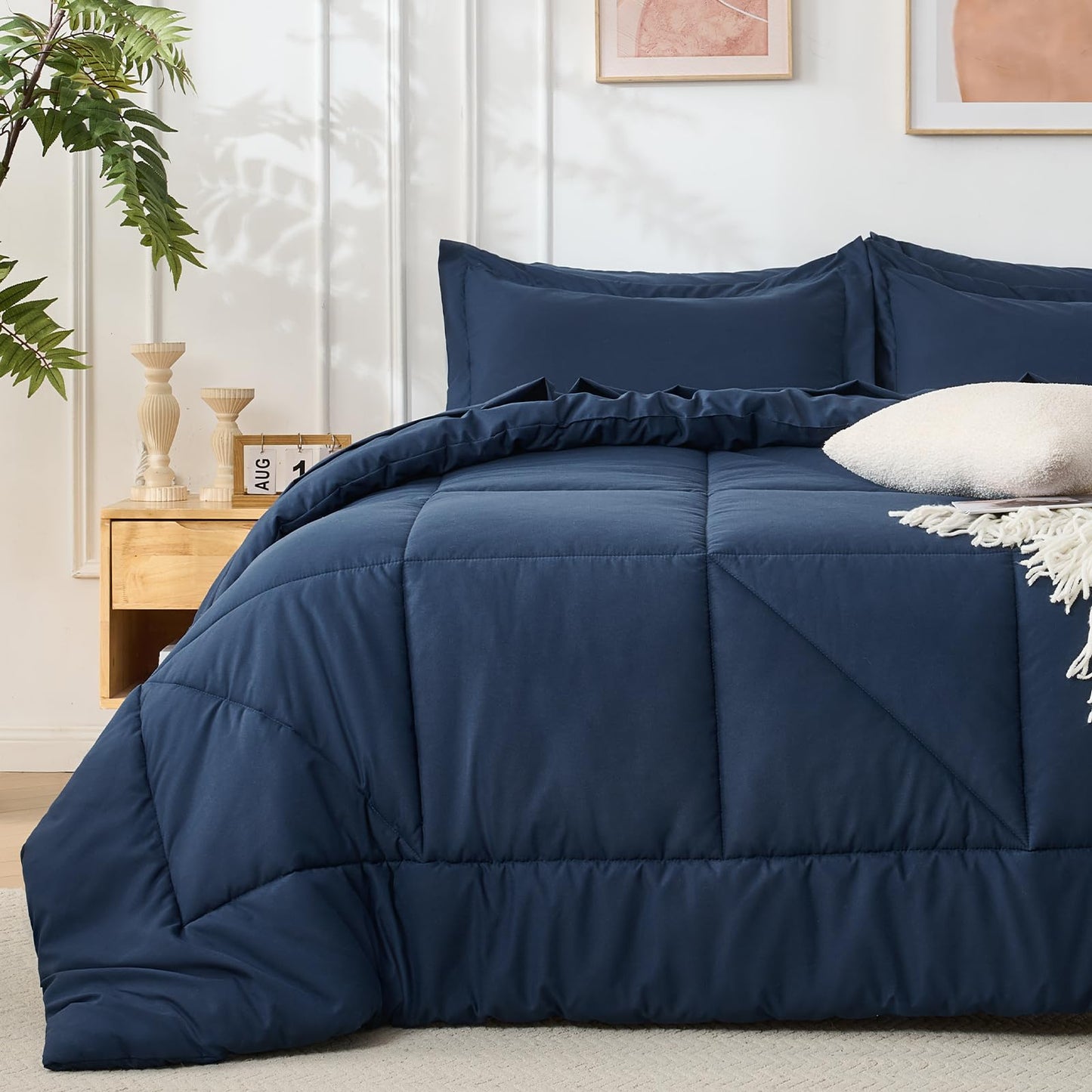 Baskbed 7 Pieces Queen Comforter Set - Utral Soft Microfiber Bedding Set, Thick Duvet Insert Bed in a Bag Without Rustling Noise for All Season, Navy (88"x88")