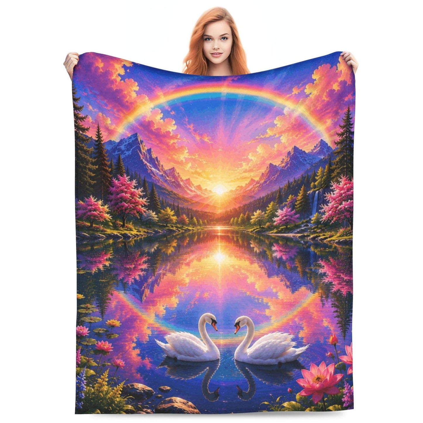 TZJCCMAY Couple Swan Blanket for Kids Women Adults, Fantasy Sunset Lake Throw Blankets, Soft Lightweight Fleece for Bed Sofa Home Living Room Decor, Birthday Gifts, 50x60in