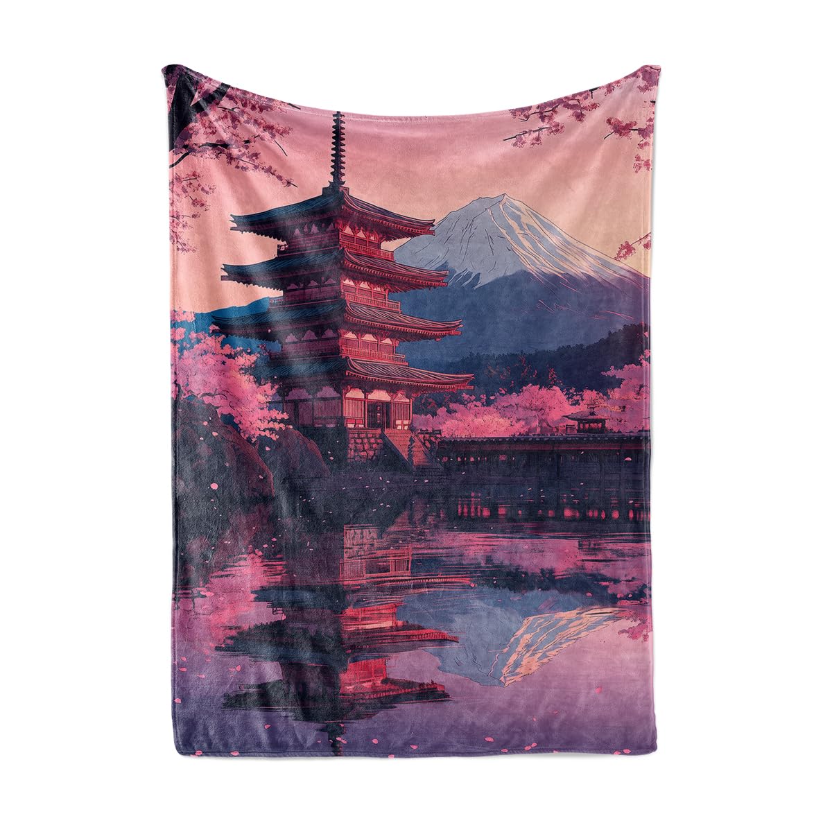 HUNXIAOJ Japanese Throw Blanket Japanese Gifts Cherry Blossom Blanket Japan Scenery Decor Warm Soft Flannel for Girls Boys Women Teens Adults Bed Sofa Couch (60 in x 80 in)