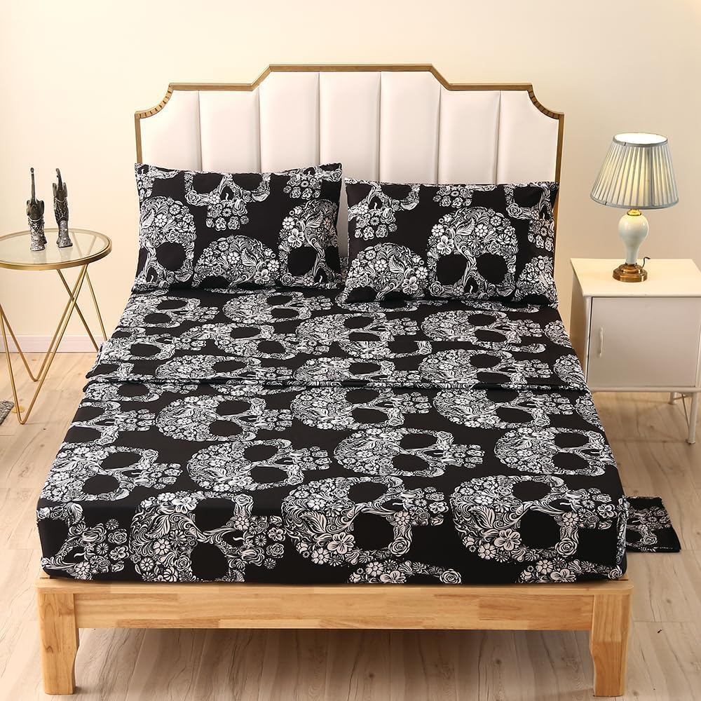 SDIII 4 Pieces Sugar Skull Sheets Twin, Soft Microfiber Gothic Sheets Twin Size Skeleton Printed, Goth Bedding Sheet Set Deep Pocket All Season
