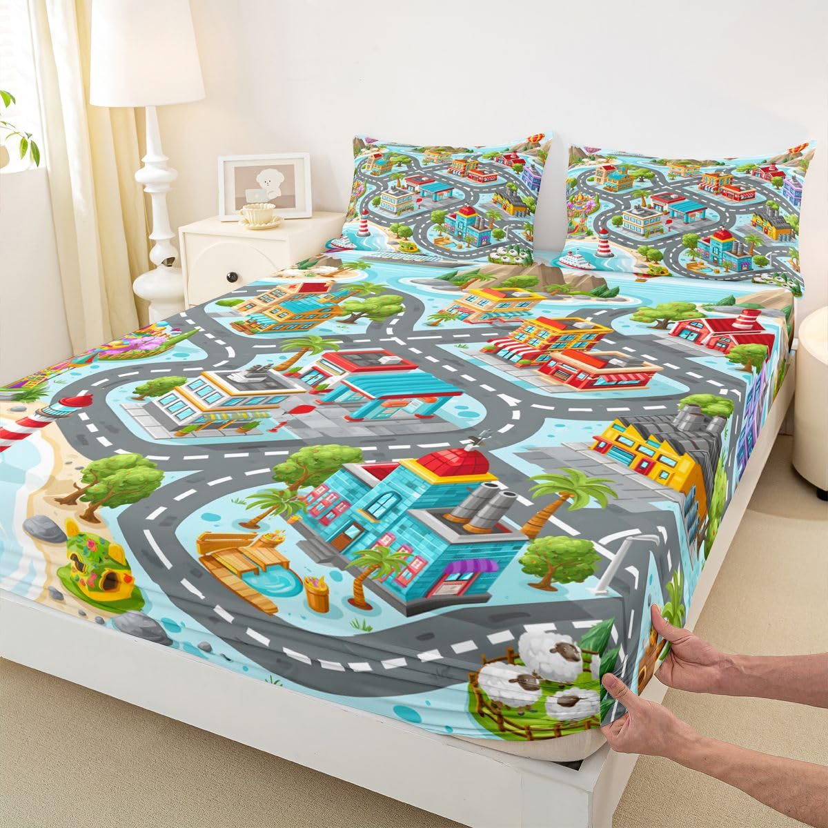 Manfei Coastal Town Map Fitted Sheet Set Road House Lighthouse Ocean Bedding Set for Kids Bedroom Seaside Interactive Cute Bed Sheet Set 3pcs Deep Pocket Mattress Cover,No Top Flat Queen Blue Black