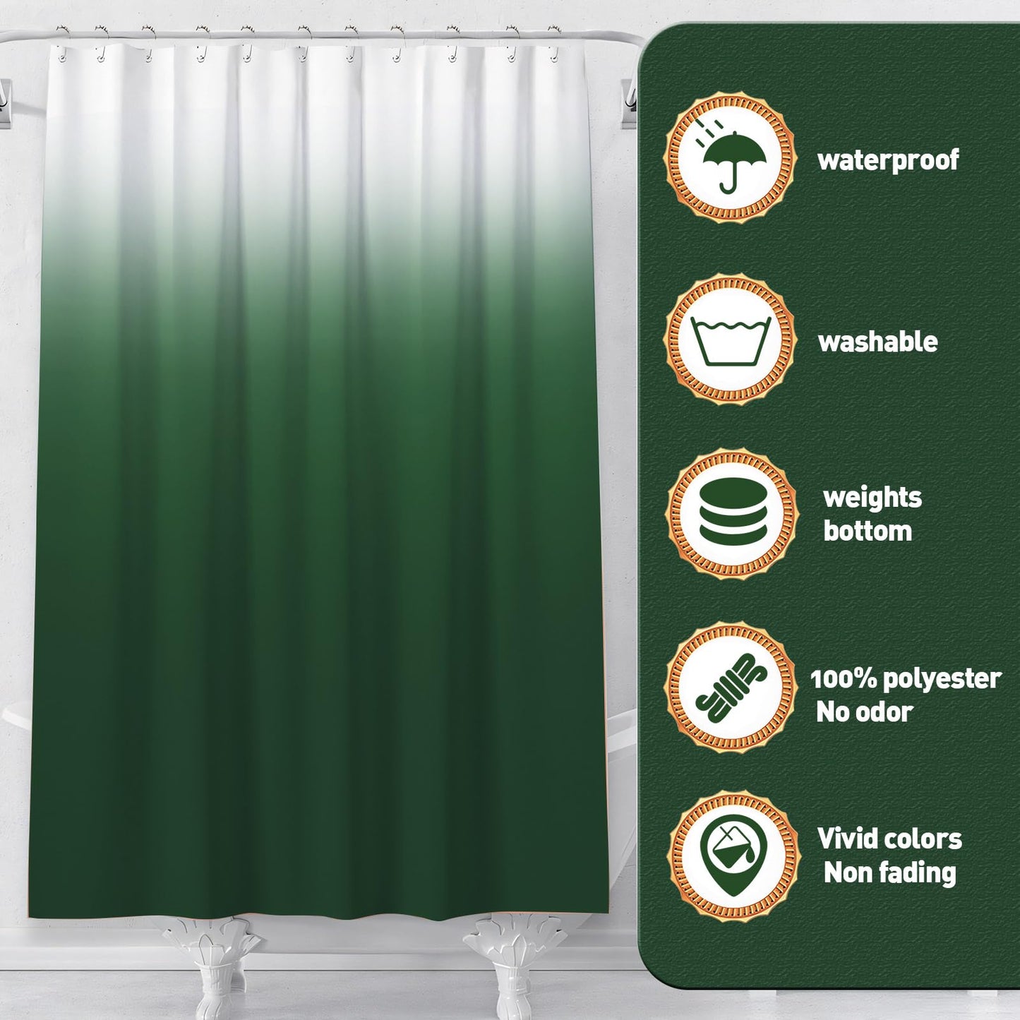 Baahrnom 4 Pcs Gark Green Shower Curtain Sets with Rugs Solid Bathroom Sets with Shower Curtain and Rugs and Adjustable Toilet Lid Cover for Luxury Bathroom Decor