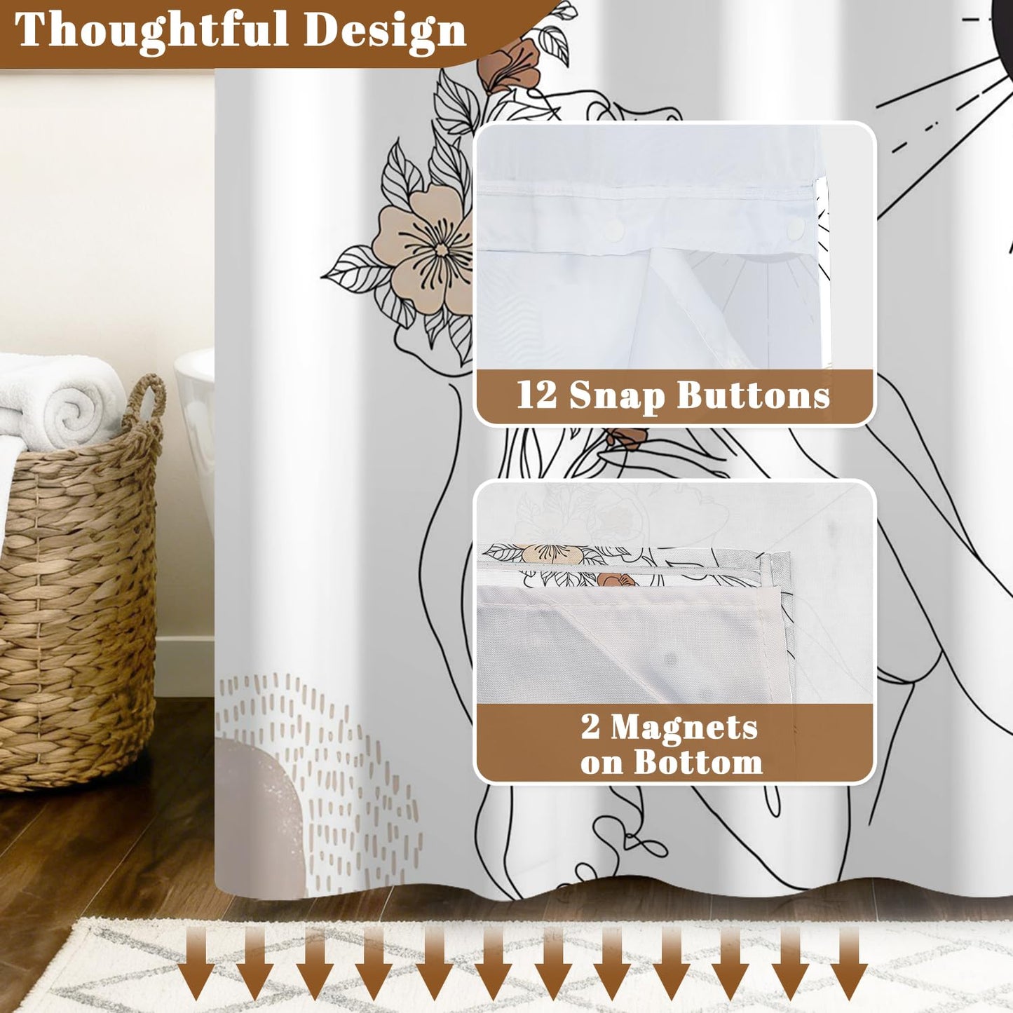 Xiazhilaio No Hook Bohemian Art Shower Curtain with Snap in Liner - 71″W x 74″L Waterproof Fabric with Mesh Top Window, Abstract Woman Floral Celestial Print Bath Curtain for Artistic Bathroom Decor